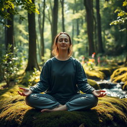 A serene and tranquil scene of meditation in a lush green forest, with sunlight filtering through the tall trees, casting dappled shadows on the ground