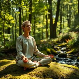 A serene and tranquil scene of meditation in a lush green forest, with sunlight filtering through the tall trees, casting dappled shadows on the ground