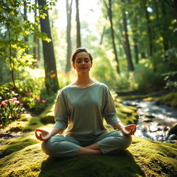A serene and tranquil scene of meditation in a lush green forest, with sunlight filtering through the tall trees, casting dappled shadows on the ground