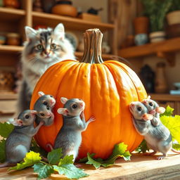 Five cute mice nibbling on a large, vibrant orange pumpkin, surrounded by bright green leaves