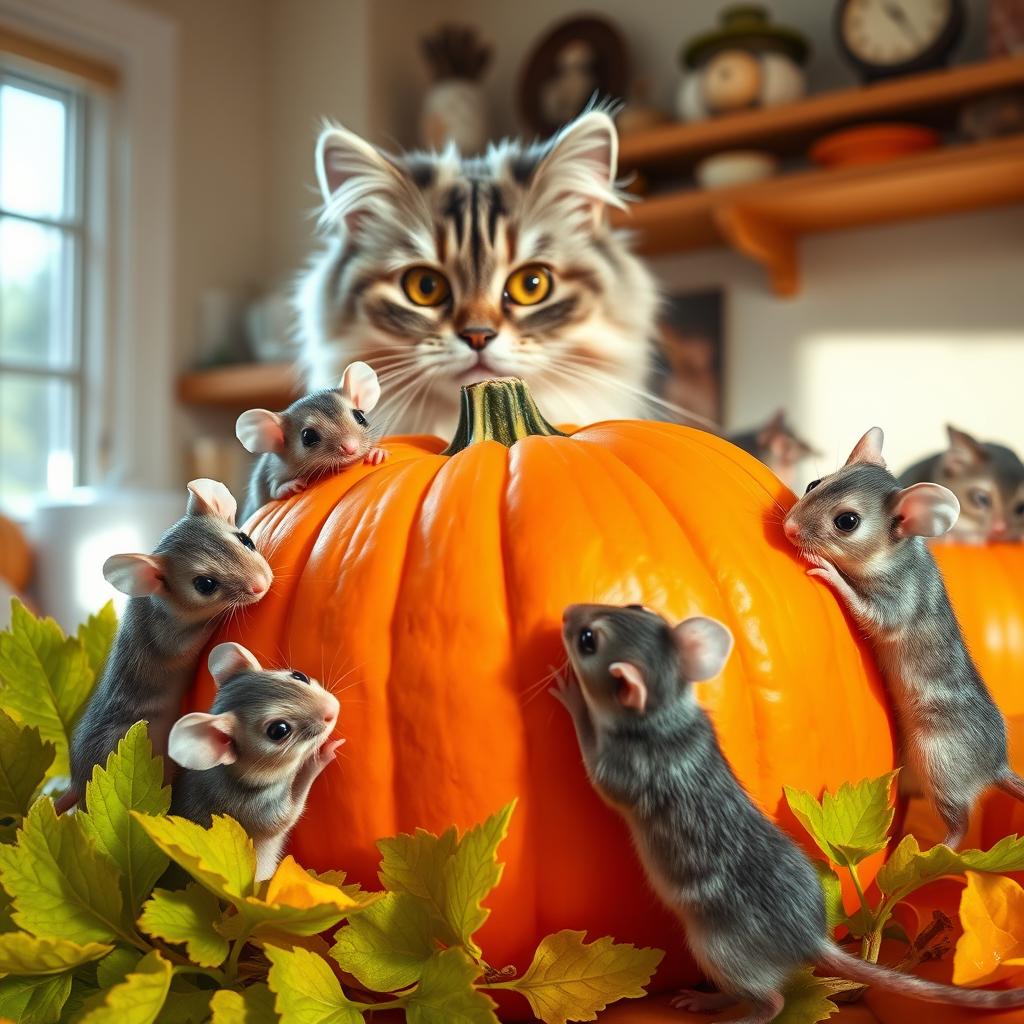 Five cute mice nibbling on a large, vibrant orange pumpkin, surrounded by bright green leaves