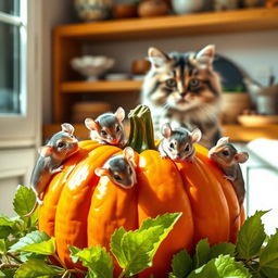 Five cute mice nibbling on a large, vibrant orange pumpkin, surrounded by bright green leaves