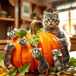 Five cute mice nibbling on a large, vibrant orange pumpkin, surrounded by bright green leaves