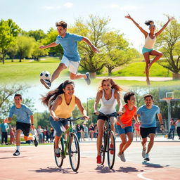 A dynamic image showcasing a group of diverse individuals engaging in various sports activities