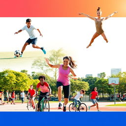 A dynamic image showcasing a group of diverse individuals engaging in various sports activities