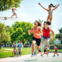 A dynamic image showcasing a group of diverse individuals engaging in various sports activities