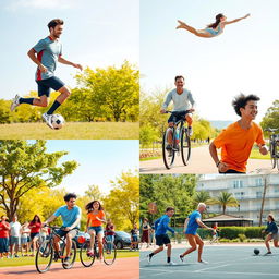 A dynamic image showcasing a group of diverse individuals engaging in various sports activities