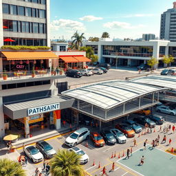 A vibrant urban scene showcasing a lively cafe with outdoor seating, a stylish restaurant with modern architecture, a bustling car wash with shiny vehicles being serviced, a spacious parking lot filled with cars, a state-of-the-art sports complex featuring various sports activities and people enjoying themselves, all surrounded by a sleek corporate building