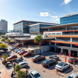 A vibrant urban scene showcasing a lively cafe with outdoor seating, a stylish restaurant with modern architecture, a bustling car wash with shiny vehicles being serviced, a spacious parking lot filled with cars, a state-of-the-art sports complex featuring various sports activities and people enjoying themselves, all surrounded by a sleek corporate building
