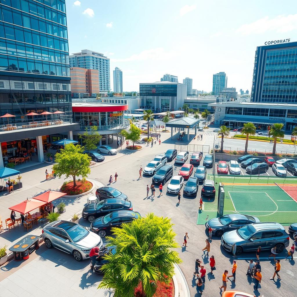 A vibrant urban scene showcasing a lively cafe with outdoor seating, a stylish restaurant with modern architecture, a bustling car wash with shiny vehicles being serviced, a spacious parking lot filled with cars, a state-of-the-art sports complex featuring various sports activities and people enjoying themselves, all surrounded by a sleek corporate building