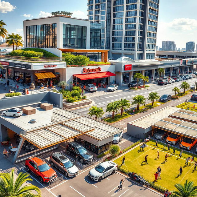 A vibrant urban scene showcasing a lively cafe with outdoor seating, a stylish restaurant with modern architecture, a bustling car wash with shiny vehicles being serviced, a spacious parking lot filled with cars, a state-of-the-art sports complex featuring various sports activities and people enjoying themselves, all surrounded by a sleek corporate building