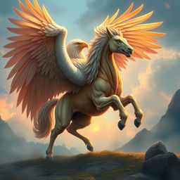 A mythical creature resembling a lamassu, featuring the majestic wings of an eagle, the powerful body and strength of a lion, and the sleek, dynamic form of a running horse