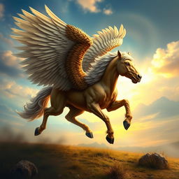 A mythical creature resembling a lamassu, featuring the majestic wings of an eagle, the powerful body and strength of a lion, and the sleek, dynamic form of a running horse