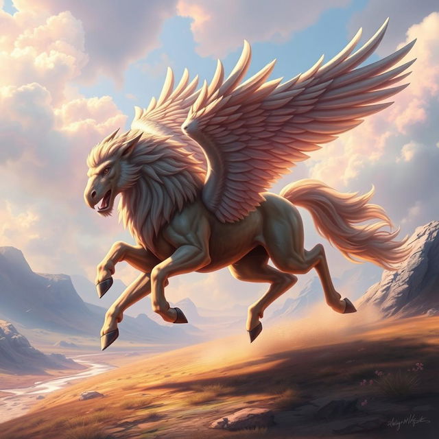 A mythical creature resembling a lamassu, featuring the majestic wings of an eagle, the powerful body and strength of a lion, and the sleek, dynamic form of a running horse