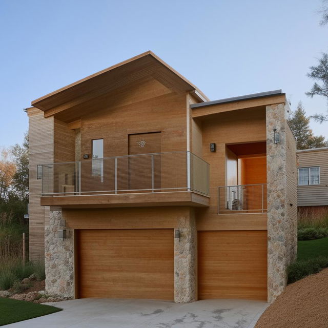 A beautiful three-story building with dimensions of 100ft x 30ft, boasting an integrated garage on the right side. The garage contains interior stairs leading to the upper floors.