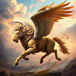 A mythical creature resembling a lamassu, featuring the majestic wings of an eagle, the powerful body and strength of a lion, and the sleek, dynamic form of a running horse