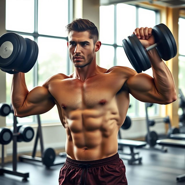 A fit individual performing an intense workout in a bright gym environment