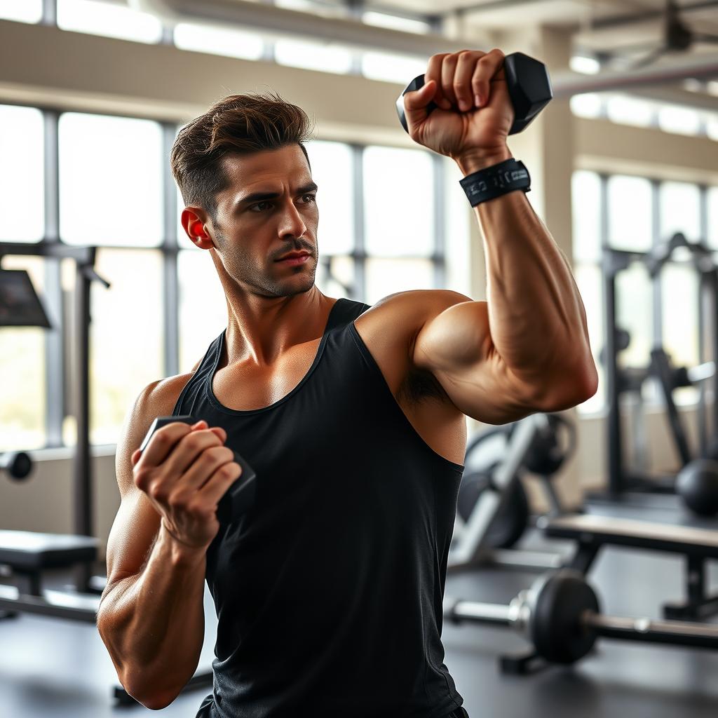 A fit individual performing an intense workout in a bright gym environment