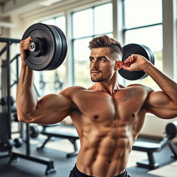 A fit individual performing an intense workout in a bright gym environment