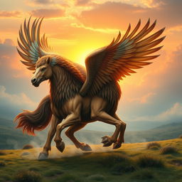 A mythical creature resembling a lamassu, featuring the majestic wings of an eagle, the powerful body of a horse, and the fierce strength of a lion
