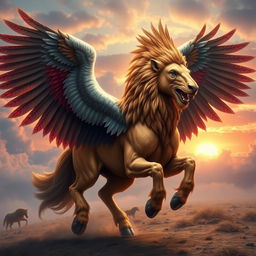 A mythical creature resembling a lamassu, featuring the majestic wings of an eagle, the powerful body of a horse, and the fierce strength of a lion