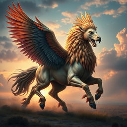 A mythical creature resembling a lamassu, featuring the majestic wings of an eagle, the powerful body of a horse, and the fierce strength of a lion