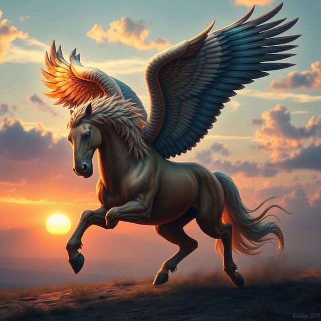 A mythical creature resembling a lamassu, featuring the majestic wings of an eagle, the powerful body of a horse, and the fierce strength of a lion