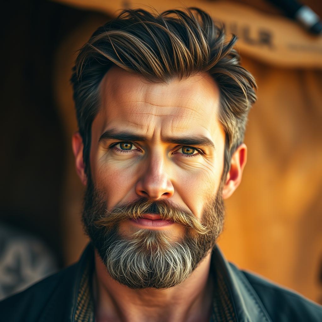 A portrait of a ruggedly handsome man with a well-groomed beard, looking confidently at the viewer