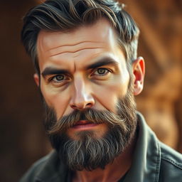 A portrait of a ruggedly handsome man with a well-groomed beard, looking confidently at the viewer
