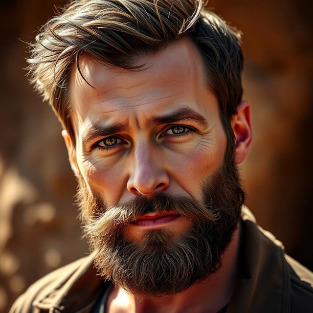 A portrait of a ruggedly handsome man with a well-groomed beard, looking confidently at the viewer