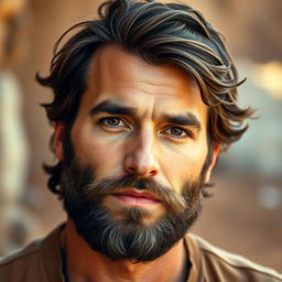 A portrait of a ruggedly handsome man with a well-groomed beard, looking confidently at the viewer