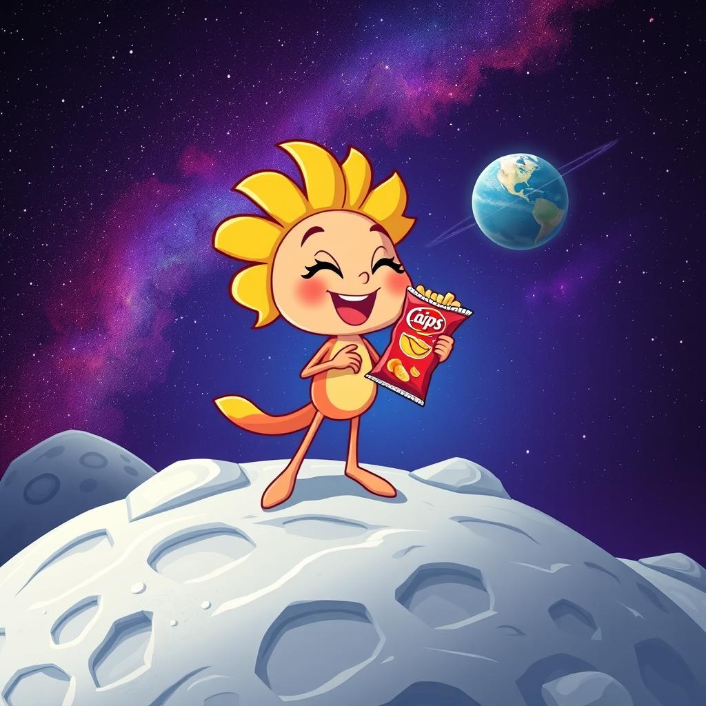 An imaginative scene of Bandirita, a playful cartoon character, standing on the surface of the moon while joyfully eating a bag of chips