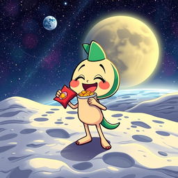 An imaginative scene of Bandirita, a playful cartoon character, standing on the surface of the moon while joyfully eating a bag of chips