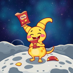 An imaginative scene of Bandirita, a playful cartoon character, standing on the surface of the moon while joyfully eating a bag of chips