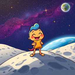 An imaginative scene of Bandirita, a playful cartoon character, standing on the surface of the moon while joyfully eating a bag of chips