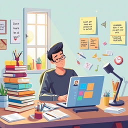 A creative illustration that represents the concept of learning new skills, featuring an imaginative scene of a person sitting at a desk surrounded by various tools and learning materials