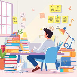 A creative illustration that represents the concept of learning new skills, featuring an imaginative scene of a person sitting at a desk surrounded by various tools and learning materials