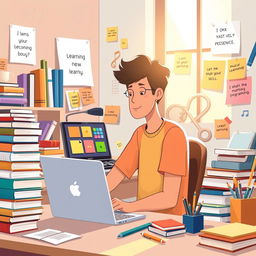 A creative illustration that represents the concept of learning new skills, featuring an imaginative scene of a person sitting at a desk surrounded by various tools and learning materials