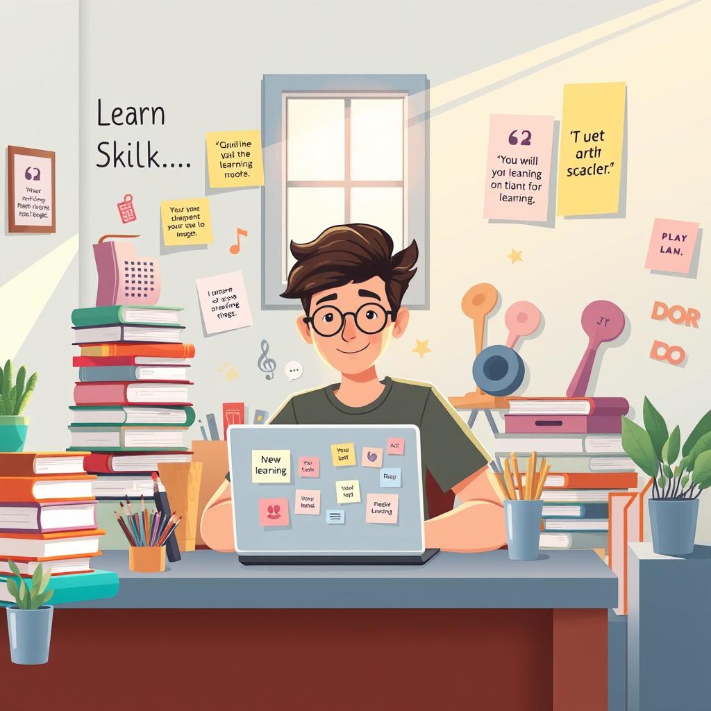 A creative illustration that represents the concept of learning new skills, featuring an imaginative scene of a person sitting at a desk surrounded by various tools and learning materials