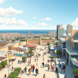 A detailed illustration showing a panoramic view of modern Israel, featuring a vibrant cityscape of Tel Aviv with bustling streets, contemporary skyscrapers, and lively beaches