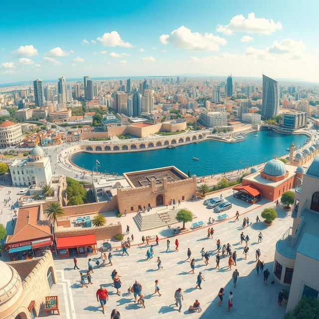 A detailed illustration showing a panoramic view of modern Israel, featuring a vibrant cityscape of Tel Aviv with bustling streets, contemporary skyscrapers, and lively beaches