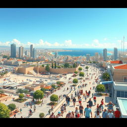 A detailed illustration showing a panoramic view of modern Israel, featuring a vibrant cityscape of Tel Aviv with bustling streets, contemporary skyscrapers, and lively beaches