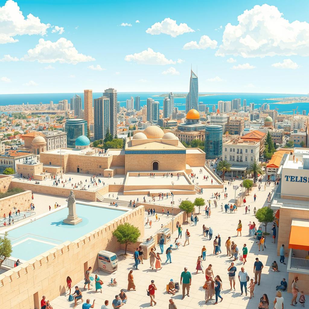 A detailed illustration showing a panoramic view of modern Israel, featuring a vibrant cityscape of Tel Aviv with bustling streets, contemporary skyscrapers, and lively beaches