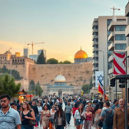 A detailed visual representation of the current situation in Israel, showcasing a bustling cityscape with diverse groups of people engaged in daily activities, amidst a backdrop of historical landmarks like the Western Wall and modern architecture