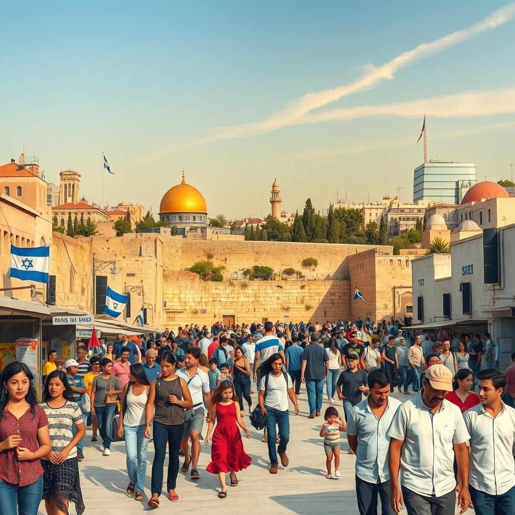 A detailed visual representation of the current situation in Israel, showcasing a bustling cityscape with diverse groups of people engaged in daily activities, amidst a backdrop of historical landmarks like the Western Wall and modern architecture