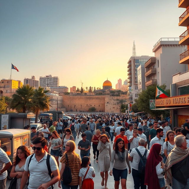 A detailed visual representation of the current situation in Israel, showcasing a bustling cityscape with diverse groups of people engaged in daily activities, amidst a backdrop of historical landmarks like the Western Wall and modern architecture