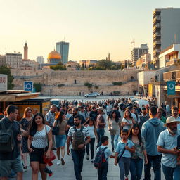 A detailed visual representation of the current situation in Israel, showcasing a bustling cityscape with diverse groups of people engaged in daily activities, amidst a backdrop of historical landmarks like the Western Wall and modern architecture