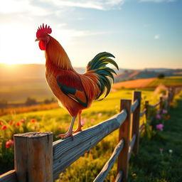 A beautiful, vibrant scene of a majestic rooster standing proudly atop a wooden fence at sunrise