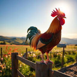 A beautiful, vibrant scene of a majestic rooster standing proudly atop a wooden fence at sunrise
