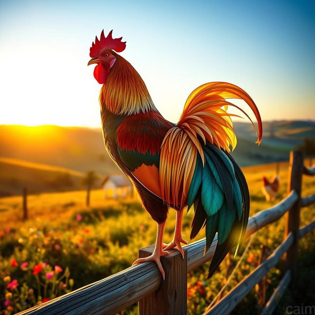 A beautiful, vibrant scene of a majestic rooster standing proudly atop a wooden fence at sunrise